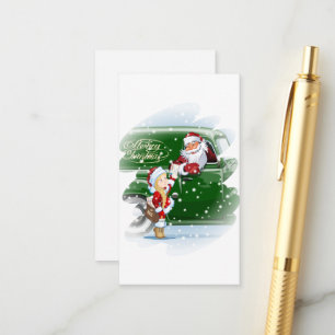 Christmas card with cartoon Santa and Snow Maiden