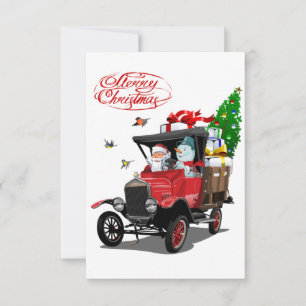 Christmas card with cartoon Santa`s truck