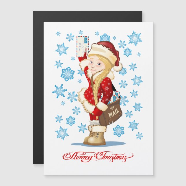 Christmas card with cartoon Snow Maiden - Postman (Front/Back)
