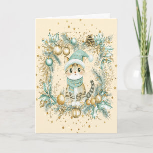 Christmas Card with Cat and Wreath Mint & Gold