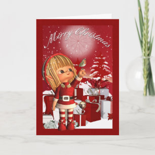 Christmas Card With Cute Elf And Robin