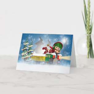 Christmas card with cute little elf on train