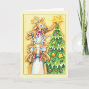 Christmas Card With Cute Pair Of Reindeer Putting