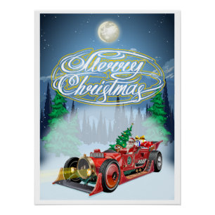 Christmas card with fiction retro sport car poster
