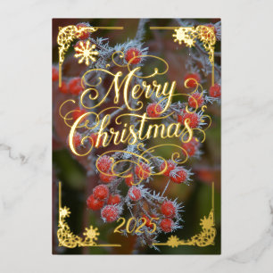 Christmas card with frosty berries and poem Gold