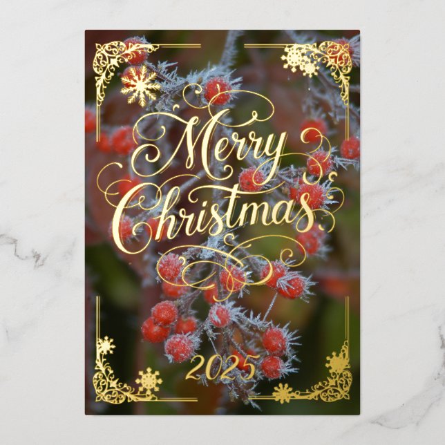 Christmas card with frosty berries and poem Gold (Front)