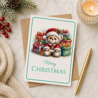 Christmas card with image of teddy bear and gifts