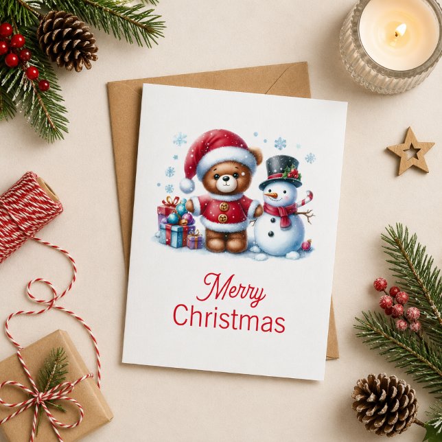 Christmas card with image of teddy bear and snowma (Creator Uploaded)