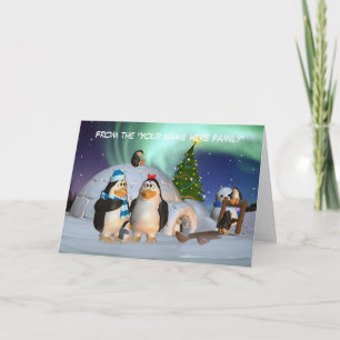 Christmas Card With Penguin Family And Northern Li
