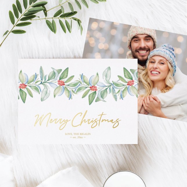 Christmas Card with Photo Stationery (Christmas cards photo gold foil watercolor botanical red berries greenery)
