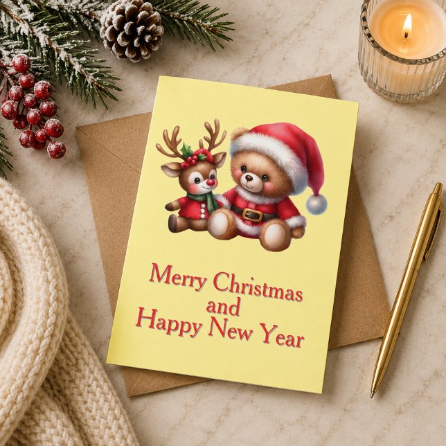 Christmas card with picture of teddy bear and rein (Creator Uploaded)