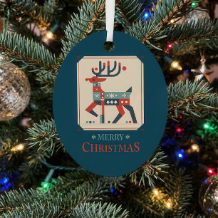 Christmas Card with Reindeer Illustration Design Metal Tree Decoration