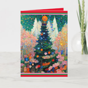 Christmas Card with Tree Klimt Style Watercolor