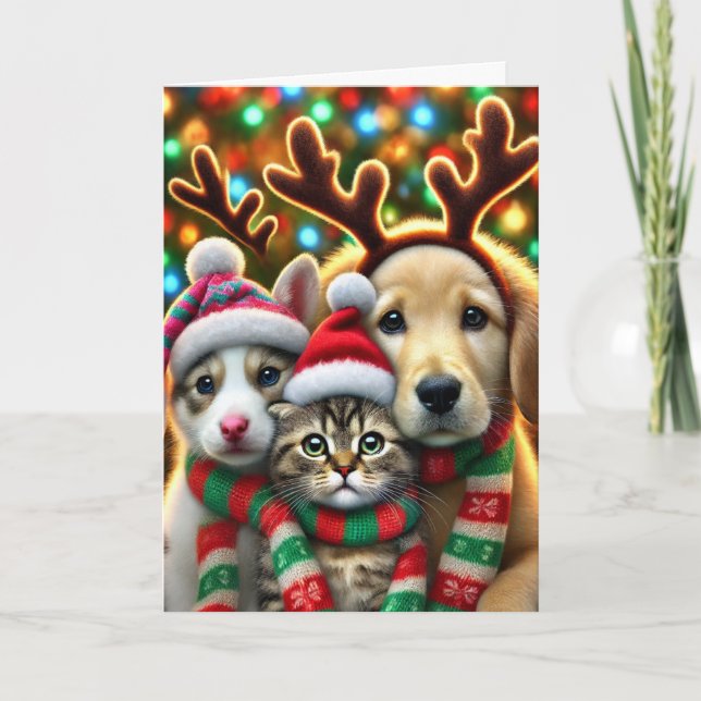 Christmas card with two dogs and a cat (Front)