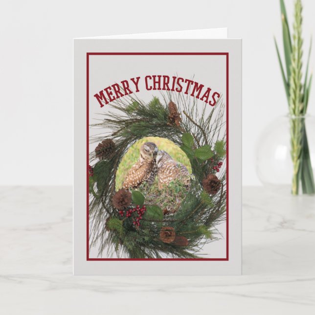 Christmas Card with Two Loving Burrowing Owls (Front)