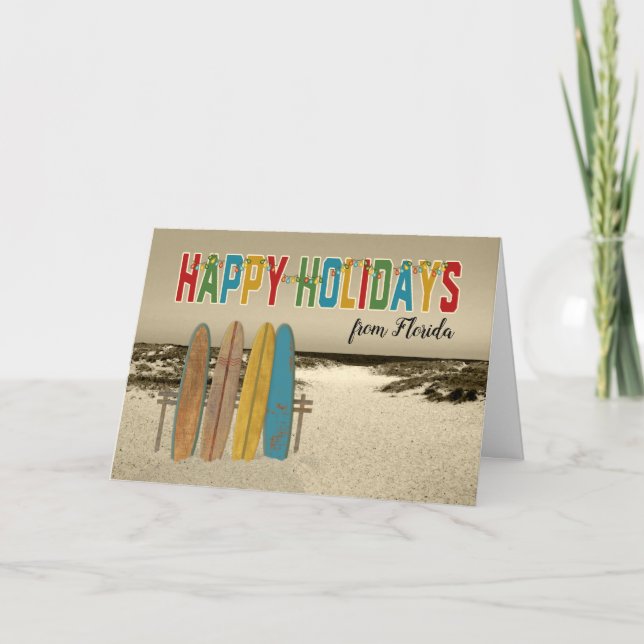 Christmas Card with Vintage Surfboards on Beach (Front)