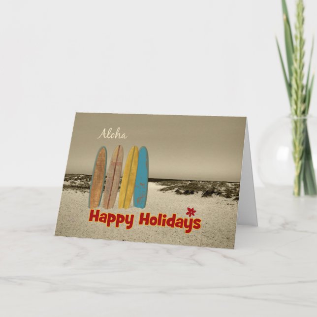 Christmas Card with Vintage Surfboards on Beach (Front)