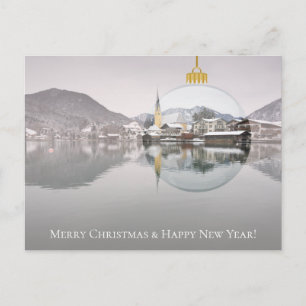Christmas card with winter church and X-mas ball