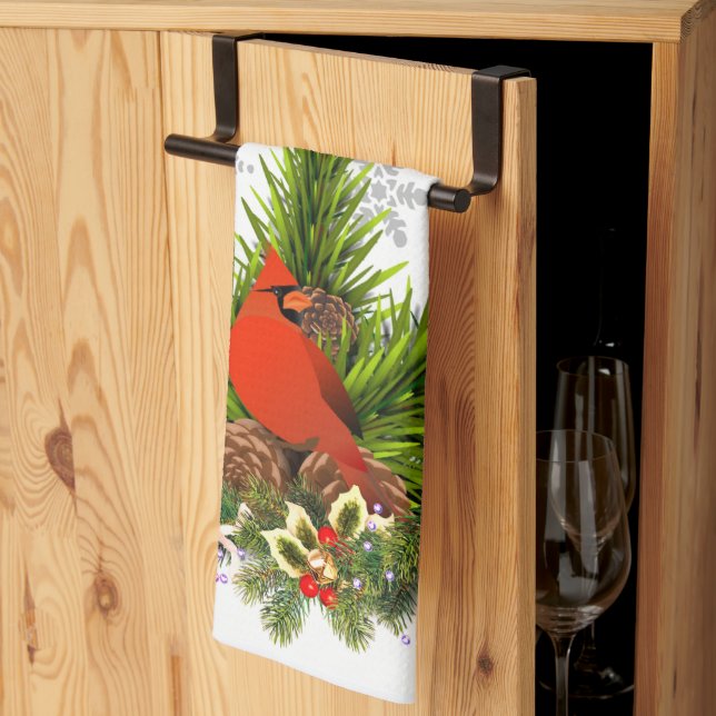 Christmas Cardinal and Greenery  Tea Towel (Thirds Fold)