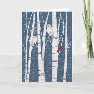 Christmas Cardinal and Owls In Snowflakes Holiday Card