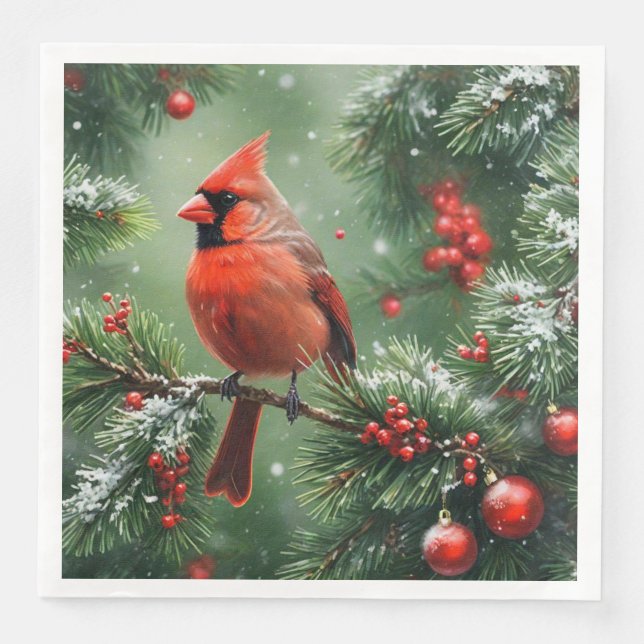 Christmas Cardinal and Pine Needles Napkin (Front)