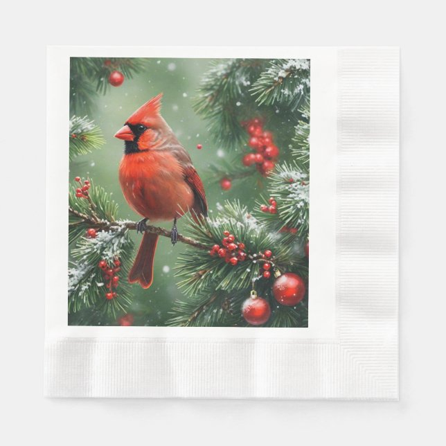 Christmas Cardinal and Pine Needles Napkin (Front)