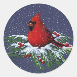 CHRISTMAS: CARDINAL: BIRD: ART CLASSIC ROUND STICKER