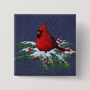 CHRISTMAS CARDINAL: BIRD: ART: SNOW 15 CM SQUARE BADGE