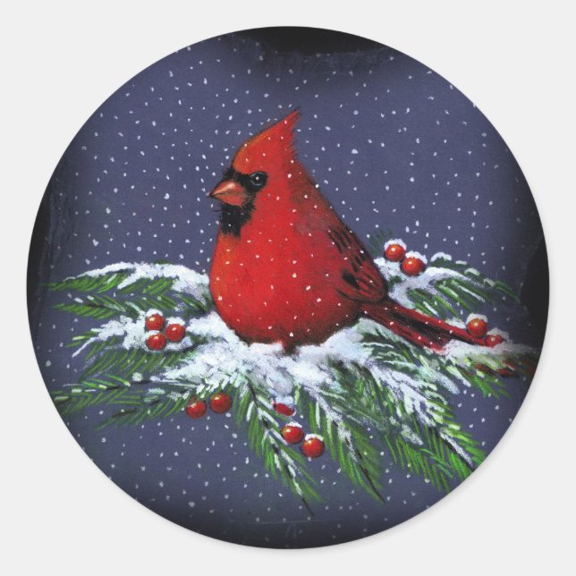 CHRISTMAS CARDINAL: BIRD: ART: SNOW CLASSIC ROUND STICKER (Front)