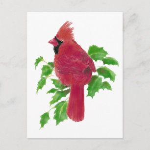 Christmas Cardinal Bird Nature Wildlife,Watercolor Holiday Postcard