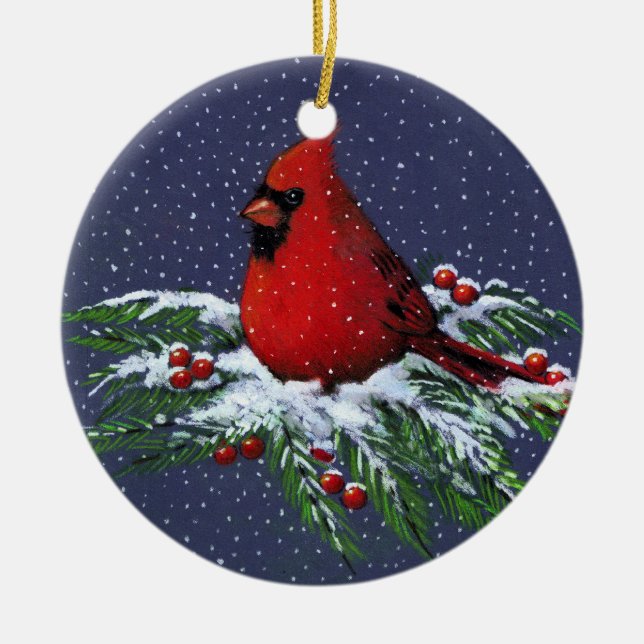 CHRISTMAS CARDINAL: BIRD: SNOW: ART CERAMIC TREE DECORATION (Front)