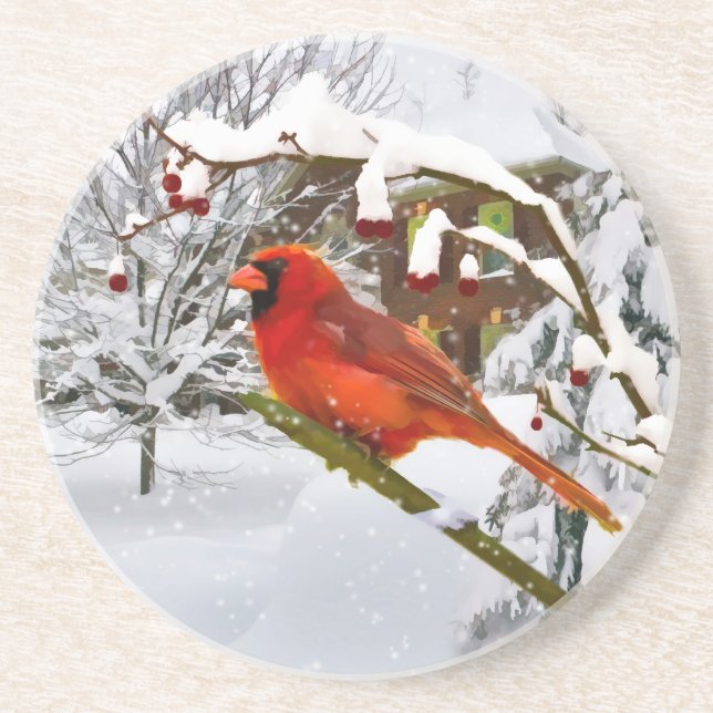 Christmas,  Cardinal Bird, Snow, Coaster (Front)