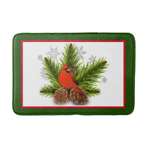Christmas Cardinal Bird with Pinecones Bath Mat