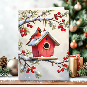 Christmas Cardinal Birdhouse snowy pine branch Card