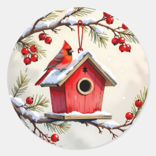 Christmas Cardinal Birdhouse snowy pine branch  Classic Round Sticker