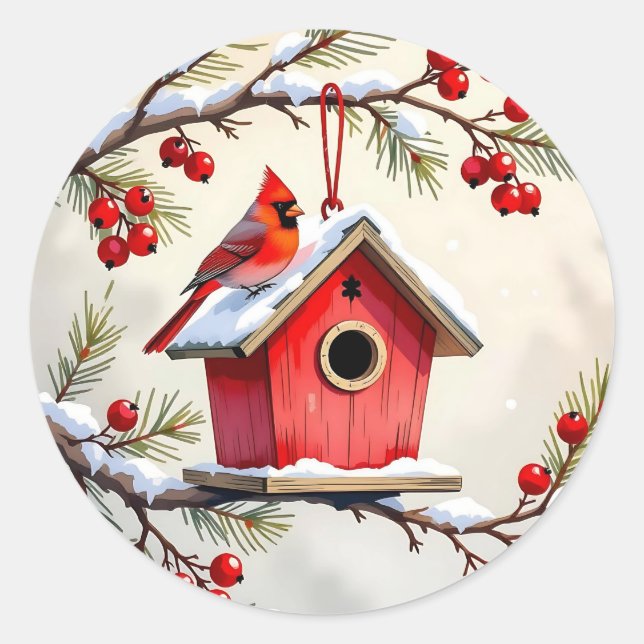 Christmas Cardinal Birdhouse snowy pine branch  Classic Round Sticker (Front)