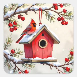 Christmas Cardinal Birdhouse snowy pine branch  Square Sticker