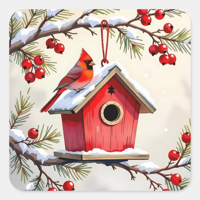 Christmas Cardinal Birdhouse snowy pine branch  Square Sticker (Front)