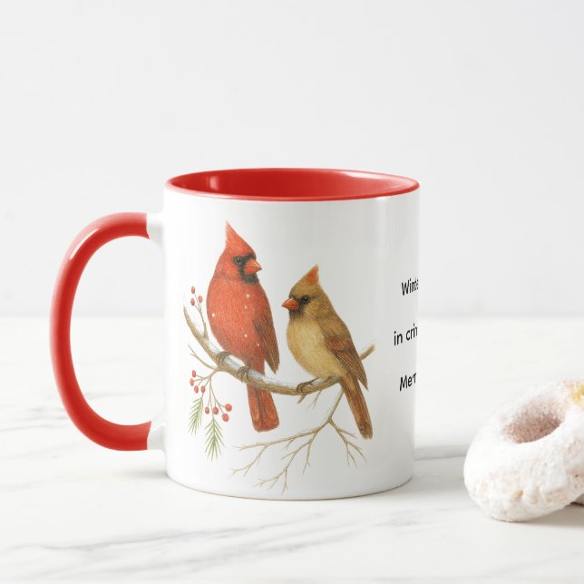 Christmas Cardinal Birds Holiday Wildlife  Mug (With Donut)