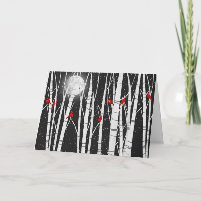 Christmas Cardinal Birds in Birch Trees Card (Front)
