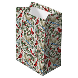 Christmas cardinal blue bird tiled pattern  medium gift bag