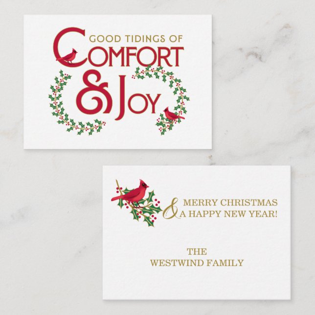 Christmas Cardinal Comfort and Joy Flat Note Card (Front/Back)