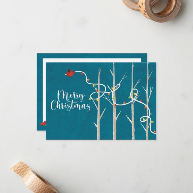 Christmas Cardinal Flat Note Card - Teal (Front/Back In Situ)
