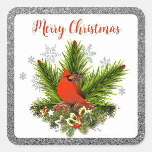 Christmas Cardinal Greenery and Silver Glitter Square Sticker