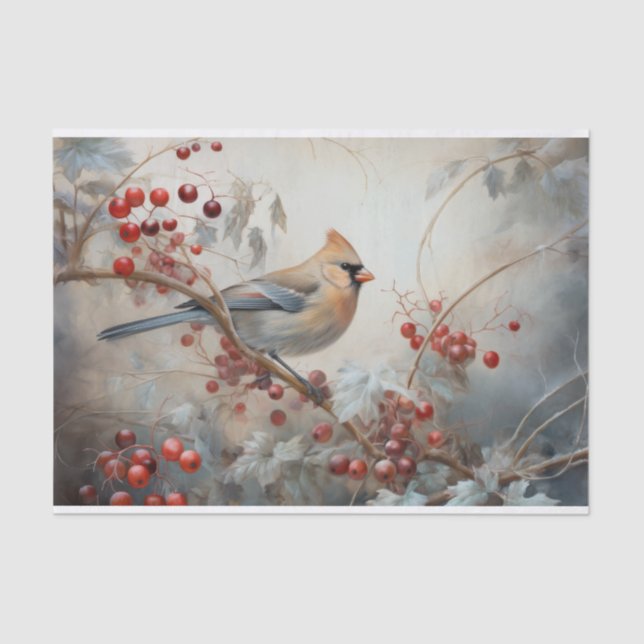 Christmas Cardinal Holly Berry in Winter Decoupage Tissue Paper (Front)
