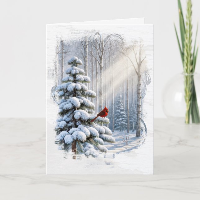 Christmas Cardinal In a Winter Pine Tree Card (Front)