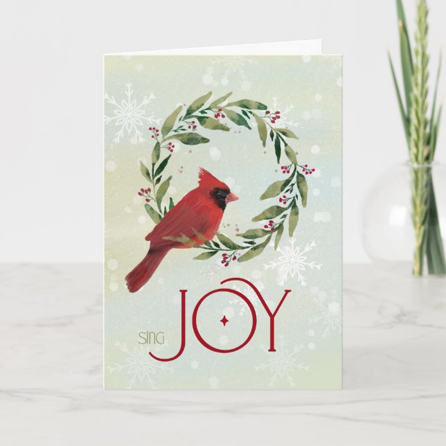 Christmas Cardinal in Festive Wreath with Sing Joy Card (Front)