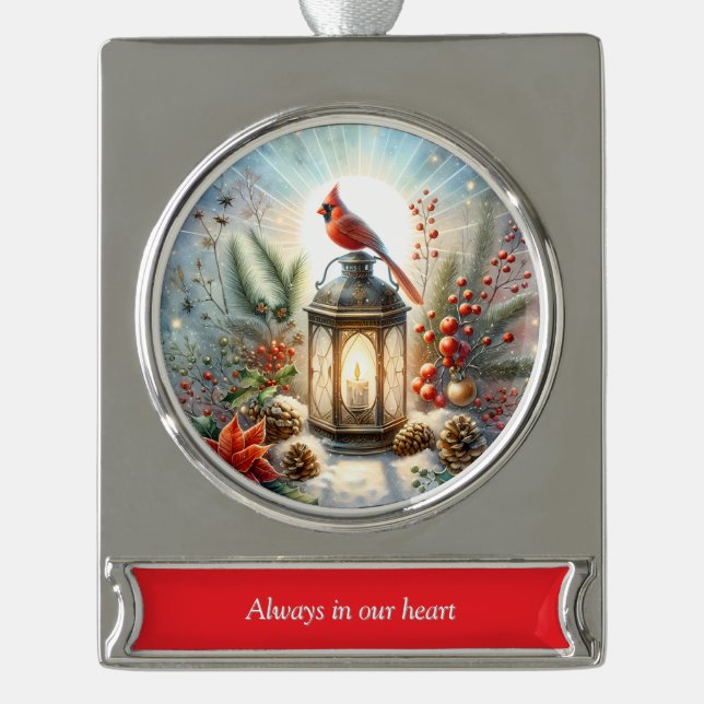 Christmas Cardinal Lantern Silver Plated Banner Ornament (Front)