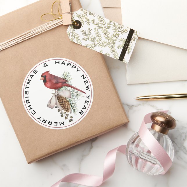  Christmas Cardinal Merry Christmas Happy New Year Classic Round Sticker (Gifting)