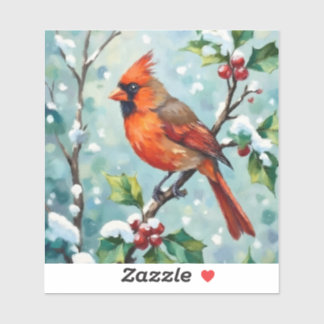 Christmas Cardinal on a Holly Branch